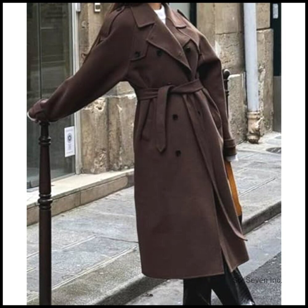 Wool Blend Trench Coat Double Breasted Belted Maxi Length Winter Warm - Picture 5 of 5